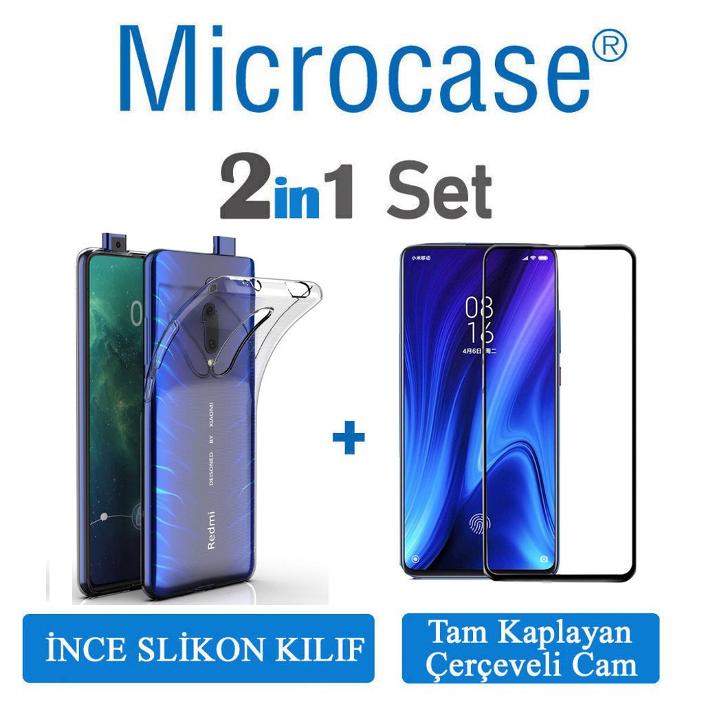 Microcase Xiaomi Redmi K20 Pro Ultra İnce 0.2 mm Soft Silikon Kılıf + Tam Kaplayan Çerçeveli Cam
