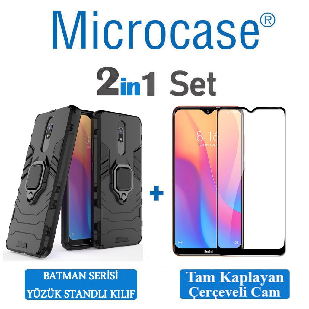 Microcase Xiaomi Redmi 8A Batman Serisi Yüzük Standlı Armor Kılıf - Siyah + Tam Kaplayan Çerçeveli Cam
