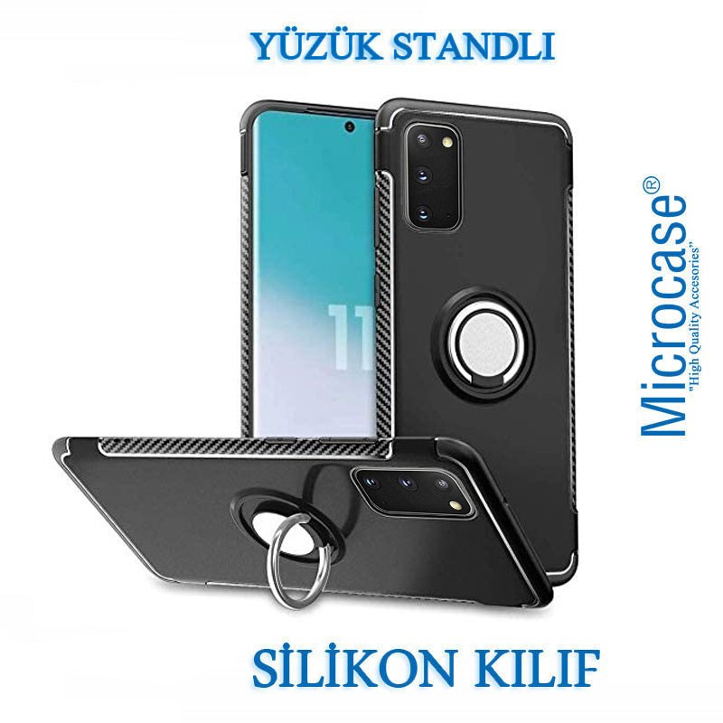 Microcase Samsung Galaxy S20 Yüzük Standlı Armor Silikon Kılıf - Siyah