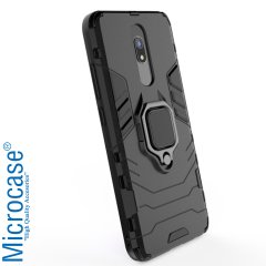 Microcase Xiaomi Redmi 8A Batman Serisi Yüzük Standlı Armor Kılıf - Siyah + Tam Kaplayan Çerçeveli Cam