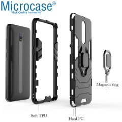 Microcase Xiaomi Redmi 8A Batman Serisi Yüzük Standlı Armor Kılıf - Siyah + Tam Kaplayan Çerçeveli Cam