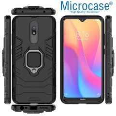Microcase Xiaomi Redmi 8A Batman Serisi Yüzük Standlı Armor Kılıf - Siyah + Tam Kaplayan Çerçeveli Cam