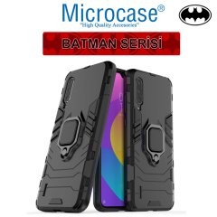 Microcase Xiaomi Mi 9 Lite Batman Serisi Yüzük Standlı Armor Kılıf - Siyah + Tam Kaplayan Çerçeveli Cam