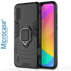 Microcase Xiaomi Mi 9 Lite Batman Serisi Yüzük Standlı Armor Kılıf - Siyah + Tam Kaplayan Çerçeveli Cam