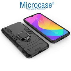 Microcase Xiaomi Mi 9 Lite Batman Serisi Yüzük Standlı Armor Kılıf - Siyah + Tam Kaplayan Çerçeveli Cam