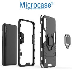 Microcase Xiaomi Mi 9 Lite Batman Serisi Yüzük Standlı Armor Kılıf - Siyah + Tam Kaplayan Çerçeveli Cam