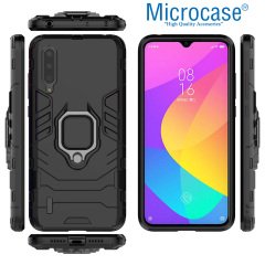 Microcase Xiaomi Mi 9 Lite Batman Serisi Yüzük Standlı Armor Kılıf - Siyah + Tam Kaplayan Çerçeveli Cam