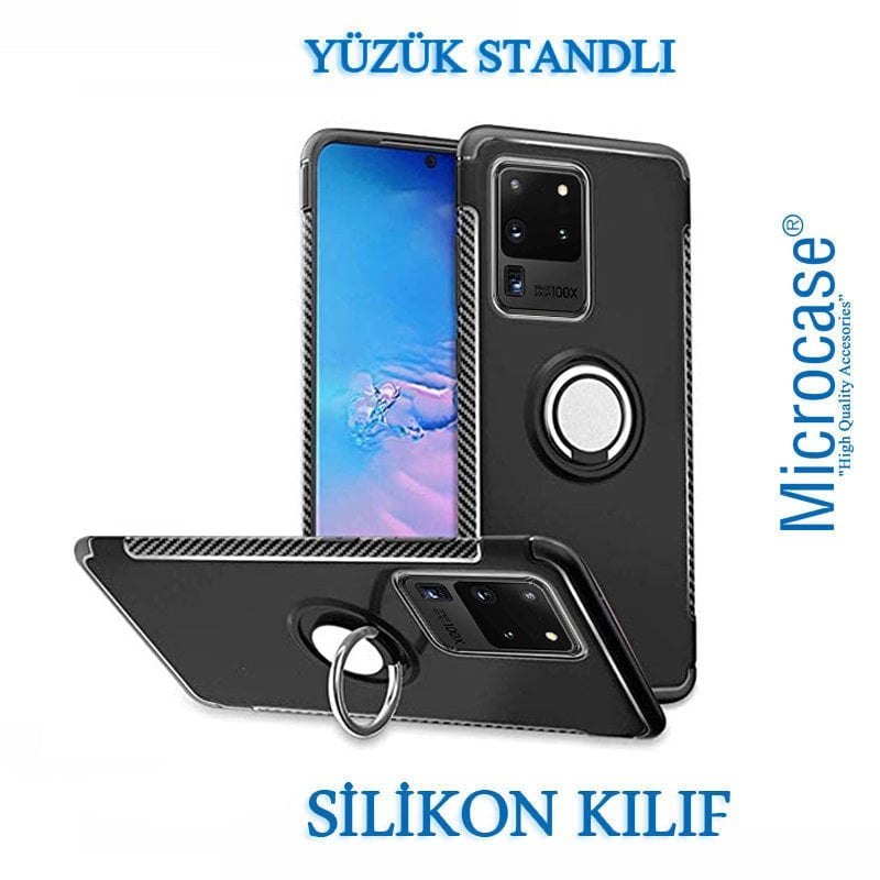 Microcase Samsung Galaxy S20 Ultra Yüzük Standlı Armor Silikon Kılıf - Siyah