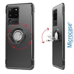Microcase Samsung Galaxy S20 Ultra Yüzük Standlı Armor Silikon Kılıf - Siyah