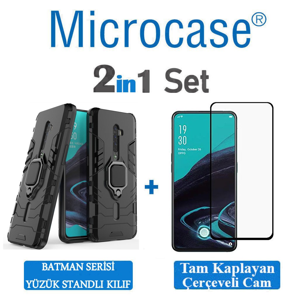 Microcase Oppo Reno 2 Batman Serisi Yüzük Standlı Armor Kılıf - Siyah + Tam Kaplayan Çerçeveli Cam
