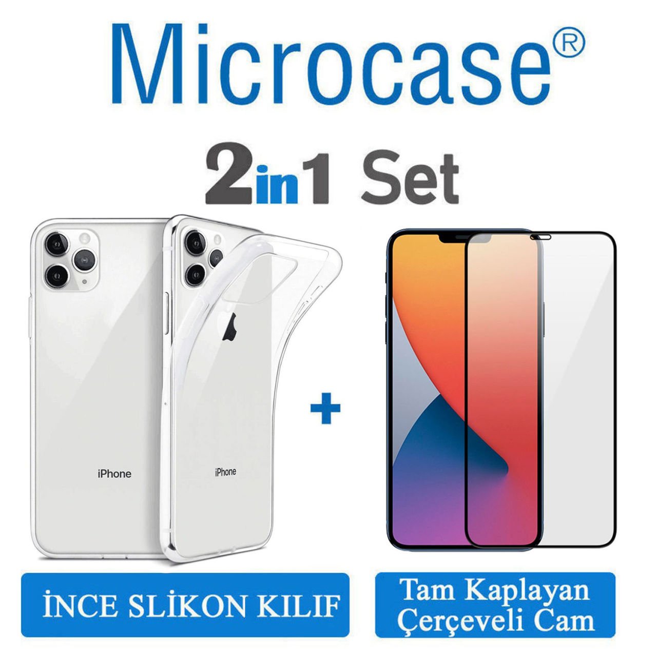 Microcase iPhone 12 Pro Max İnce 0.2 mm Soft Silikon Kılıf + Tam Kaplayan Çerçeveli Cam