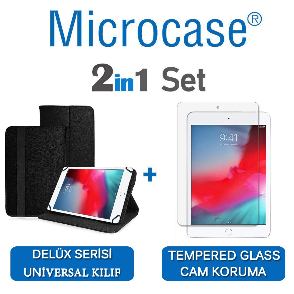Microcase iPad Mini 5 2019 Delüx Serisi Universal Standlı Deri Kılıf - Siyah + Tempered Glass Cam Koruma