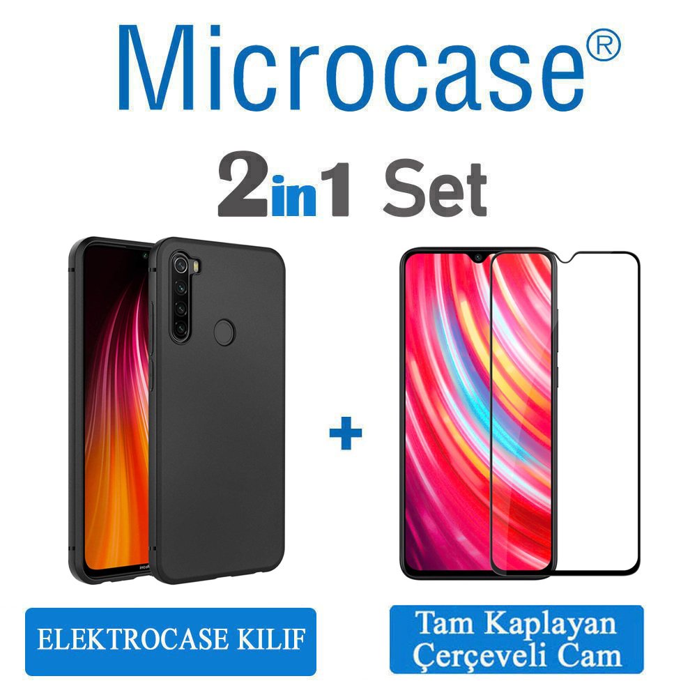 Microcase Xiaomi Redmi Note 8 Elektrocase Serisi Silikon Kılıf - Siyah + Tam Kaplayan Çerçeveli Cam