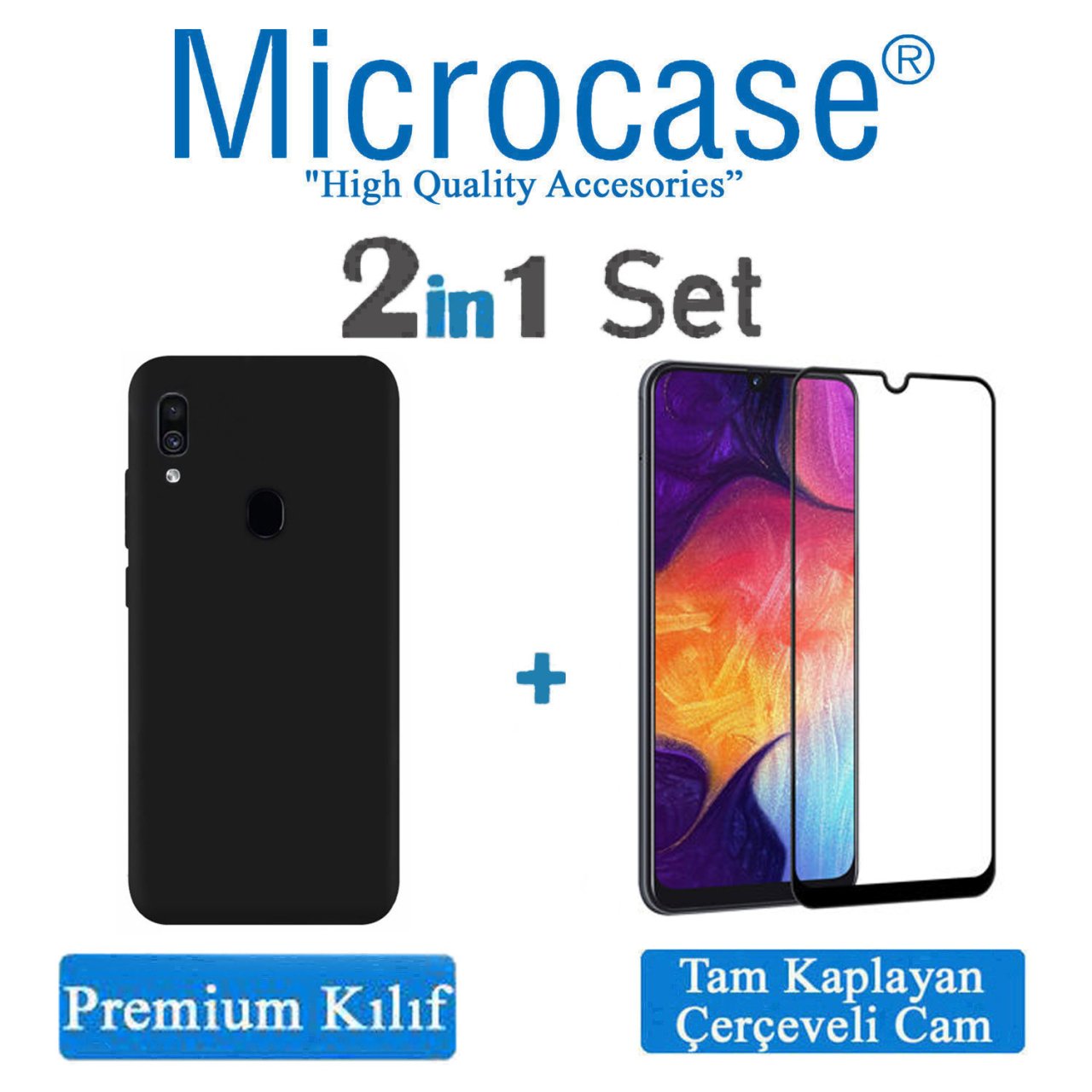 Microcase Samsung Galaxy A20E Premium Matte Silikon Kılıf - Siyah + Tam Kaplayan Çerçeveli Cam