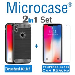 iPhone XR Brushed Carbon Fiber Silikon TPU Kılıf + Ekran Koruma