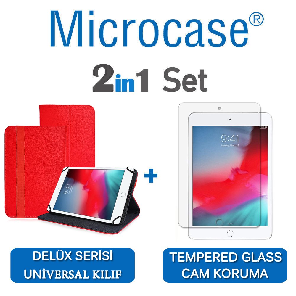 Microcase iPad Mini 5 2019 Delüx Serisi Universal Standlı Deri Kılıf - Kırmızı + Tempered Glass Cam Koruma