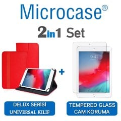 Microcase iPad Mini 5 2019 Delüx Serisi Universal Standlı Deri Kılıf - Kırmızı + Tempered Glass Cam Koruma