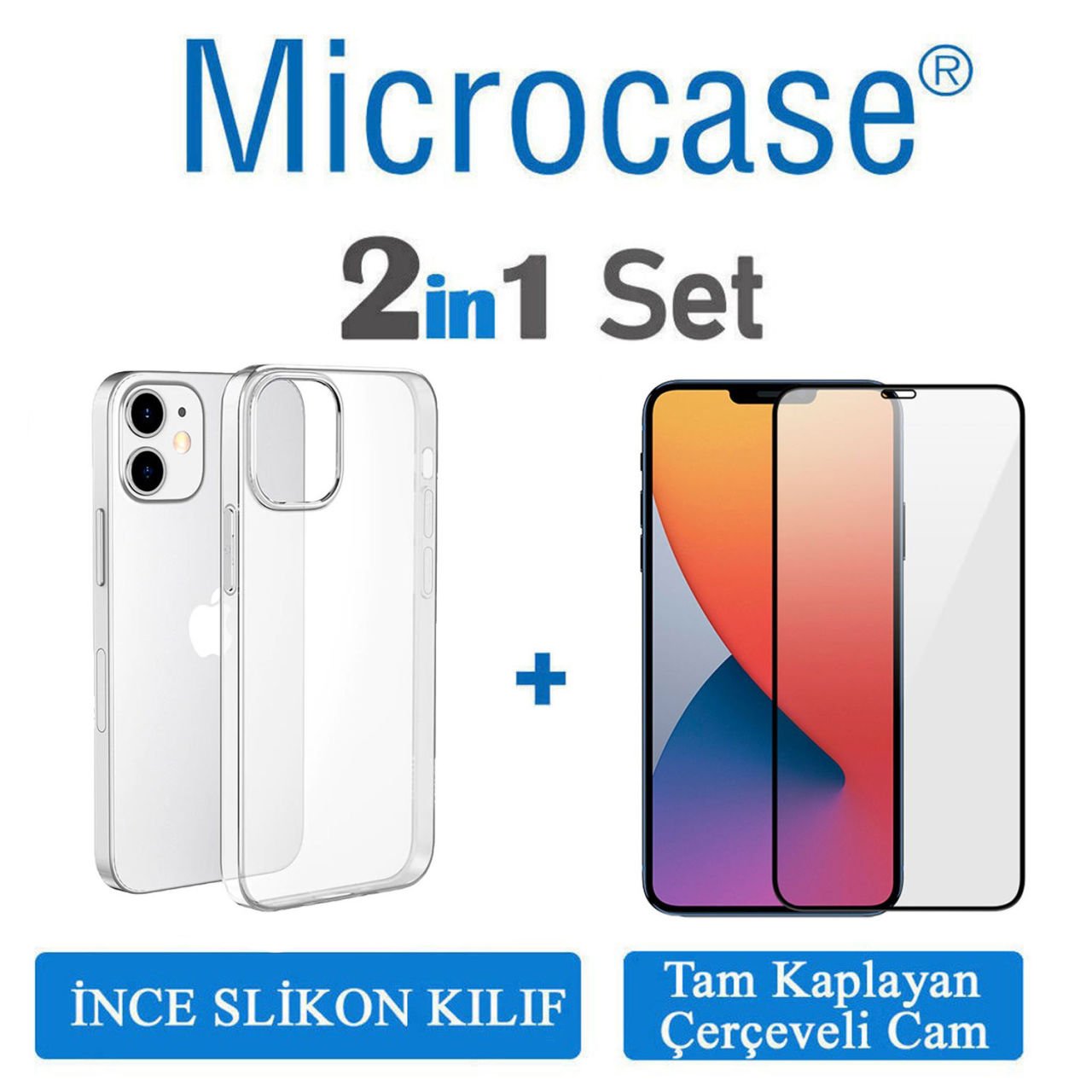 Microcase iPhone 12 Mini İnce 0.2 mm Soft Silikon Kılıf + Tam Kaplayan Çerçeveli Cam