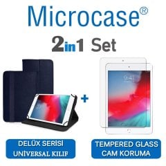 Microcase iPad Mini 5 2019 Delüx Serisi Universal Standlı Deri Kılıf - Lacivert + Tempered Glass Cam Koruma