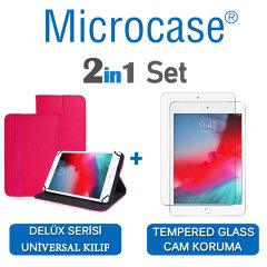 Microcase iPad Mini 5 2019 Delüx Serisi Universal Standlı Deri Kılıf - Pembe + Tempered Glass Cam Koruma