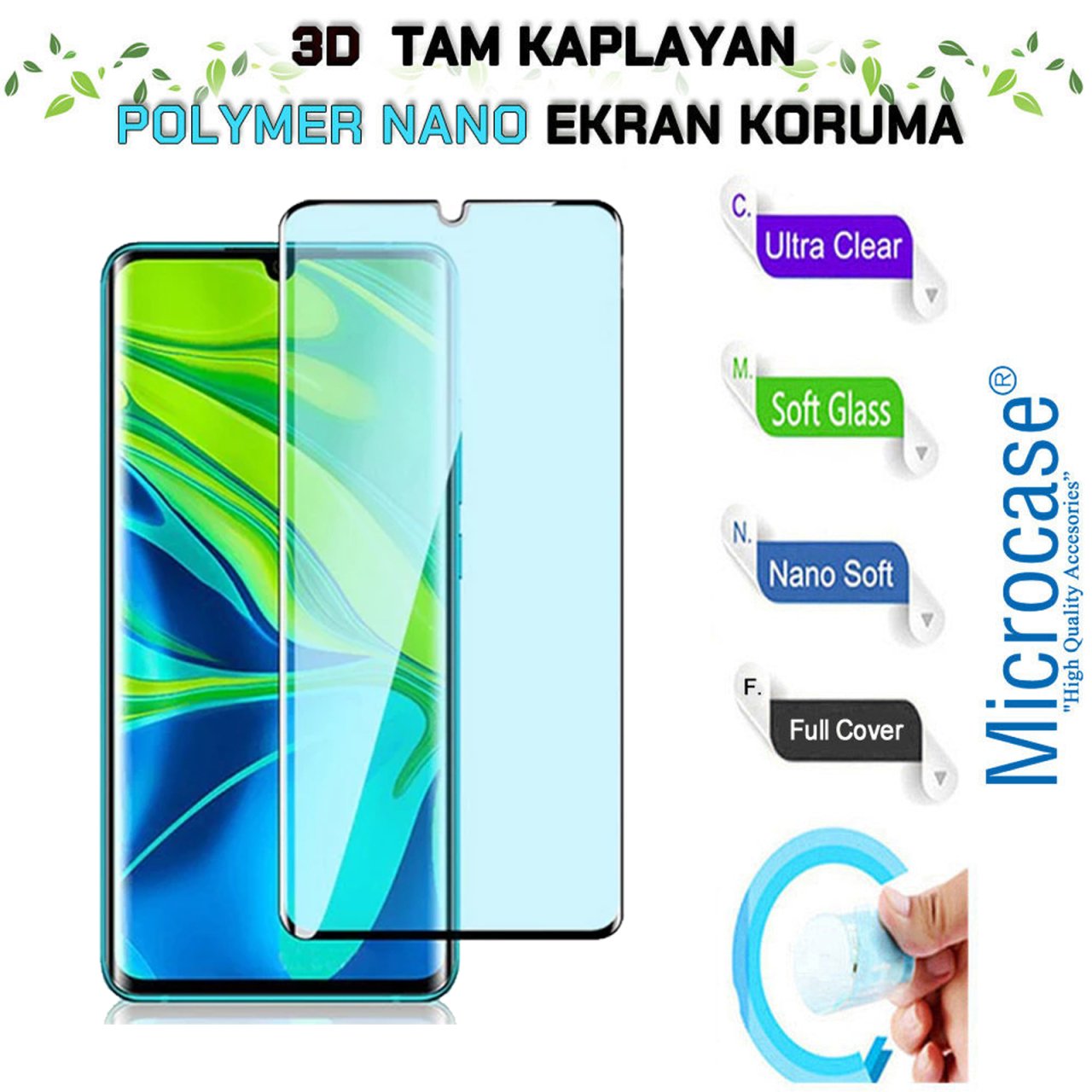 Microcase Xiaomi Mi Note 10 3D Kavisli Tam Kaplayan Polymer Nano Ekran Koruma - Siyah