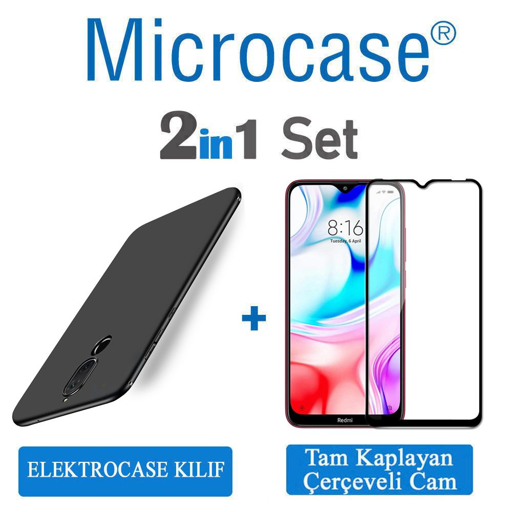 Microcase Xiaomi Redmi 8 Elektrocase Serisi Silikon Kılıf - Siyah + Tam Kaplayan Çerçeveli Cam