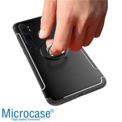Microcase Xiaomi Mi Note 10 Yüzük Standlı Armor Silikon Kılıf - Siyah