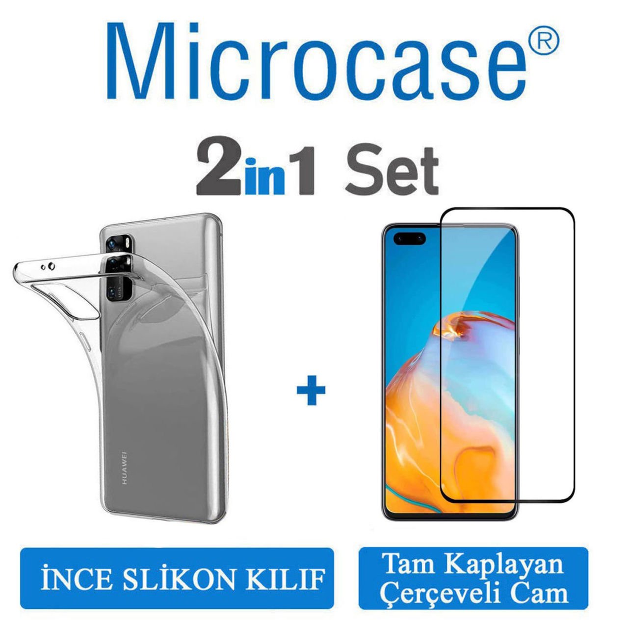 Microcase Huawei P40 İnce 0.2 mm Soft Silikon Kılıf + Tam Kaplayan Çerçeveli Cam