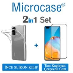 Microcase Huawei P40 İnce 0.2 mm Soft Silikon Kılıf + Tam Kaplayan Çerçeveli Cam