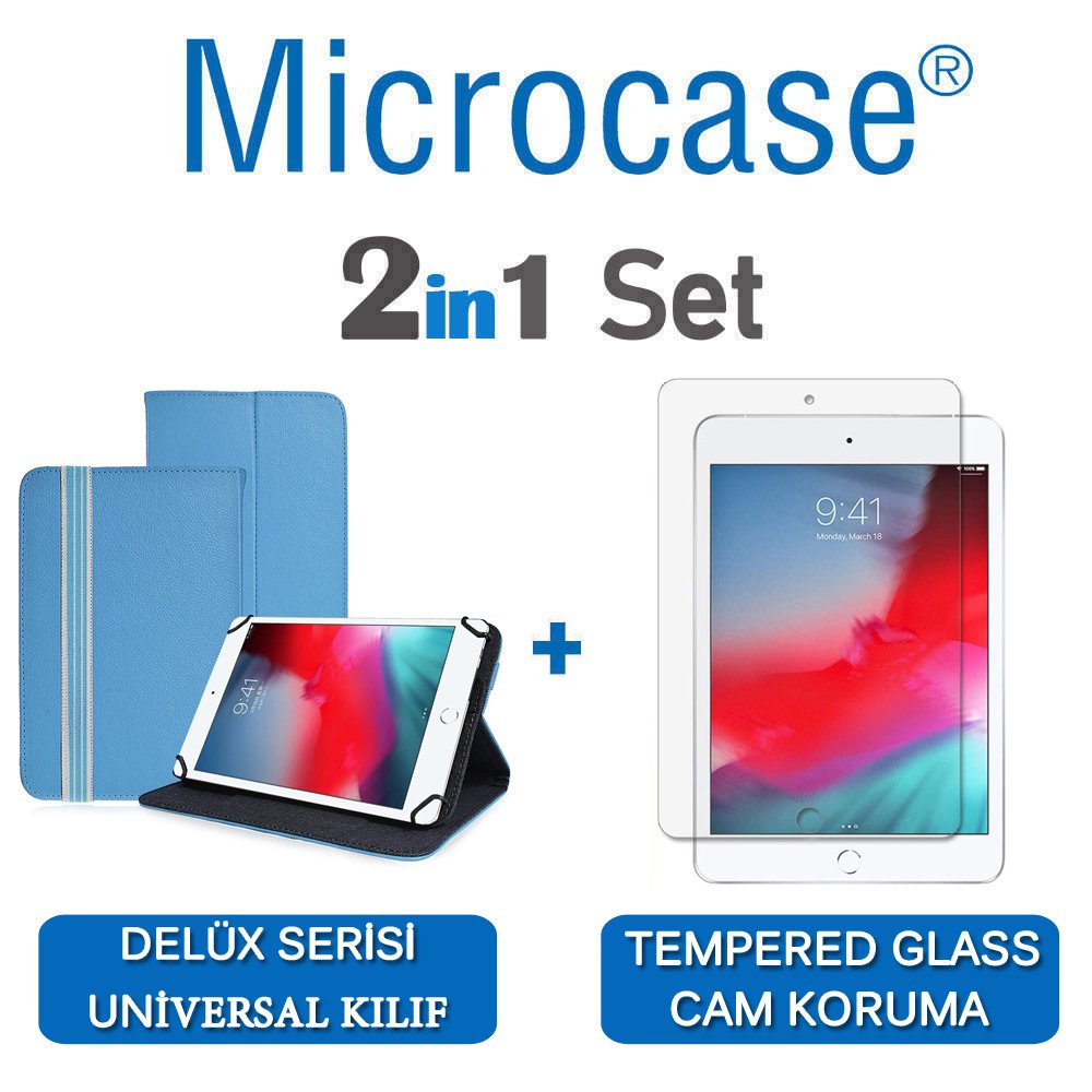 Microcase iPad Mini 5 2019 Delüx Serisi Universal Standlı Deri Kılıf - Turkuaz + Tempered Glass Cam Koruma