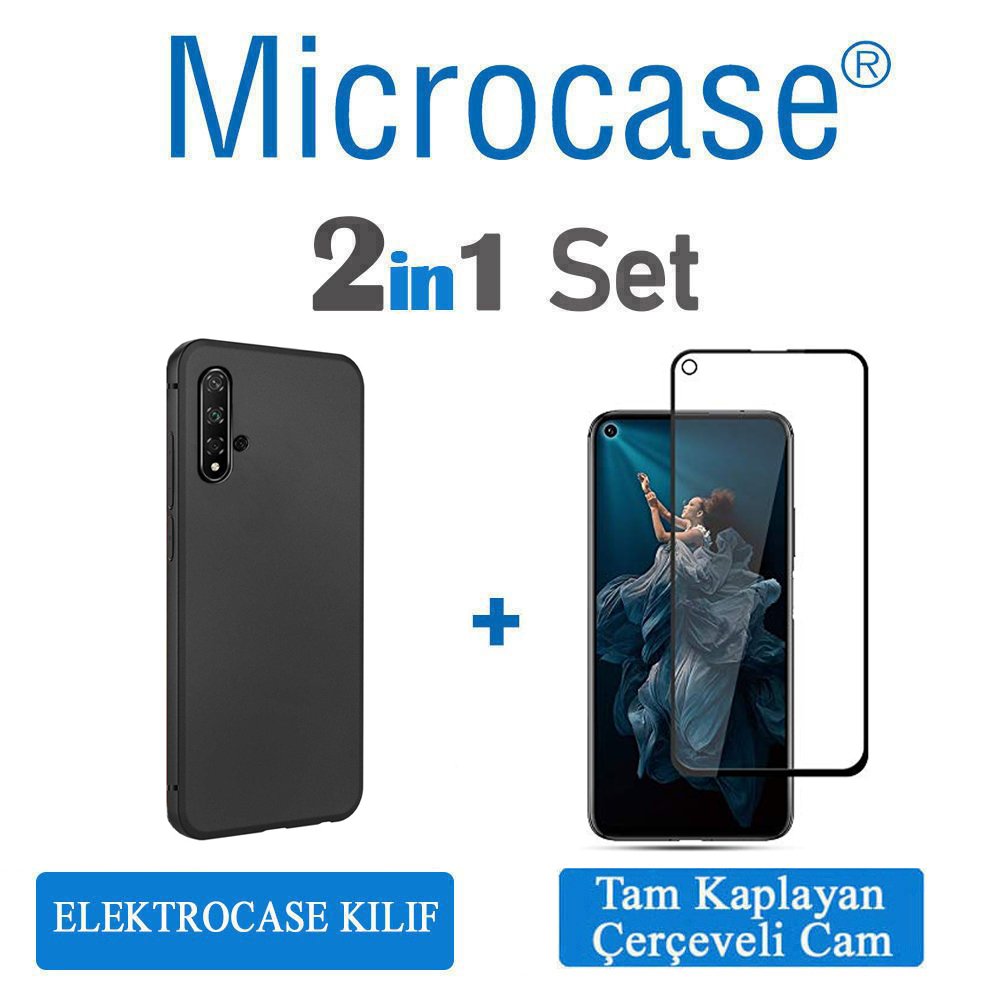 Microcase Huawei Honor 20 - Nova 5T Elektrocase Serisi Silikon Kılıf - Siyah + Tam Kaplayan Çerçeveli Cam