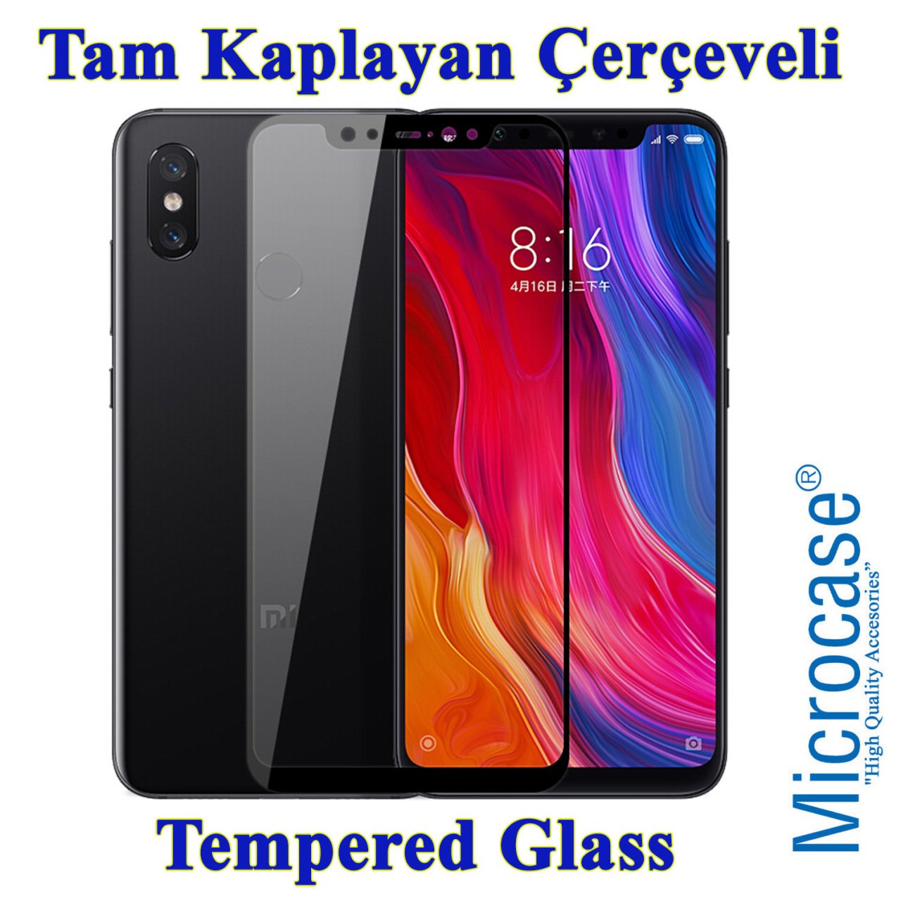 Xiaomi Mi 8 Tam Kaplayan Çerçeveli Tempered Ekran Koruyucu-SİYAH