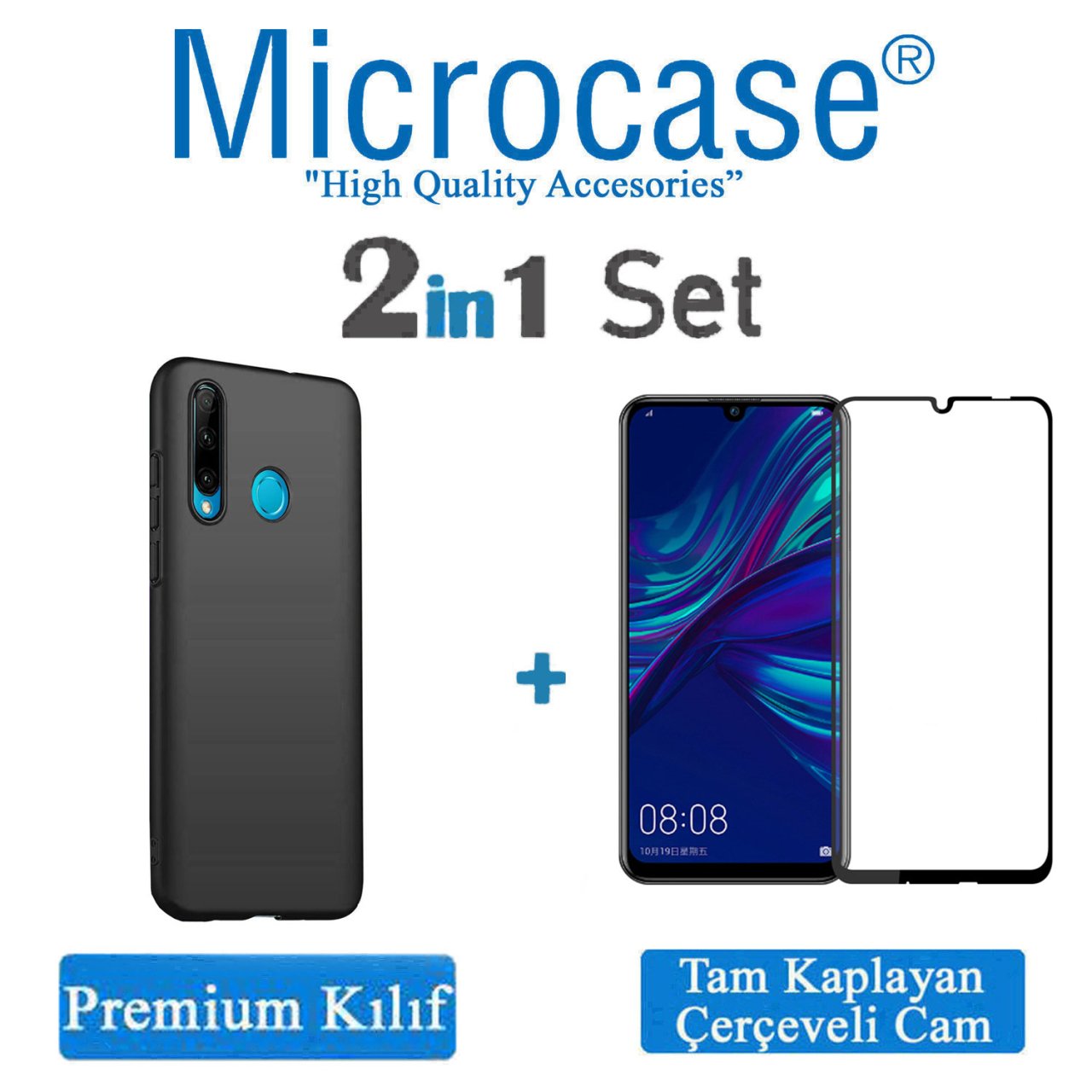 Microcase Huawei Honor 20 Lite Premium Matte Silikon Kılıf - Siyah + Tam Kaplayan Çerçeveli Cam