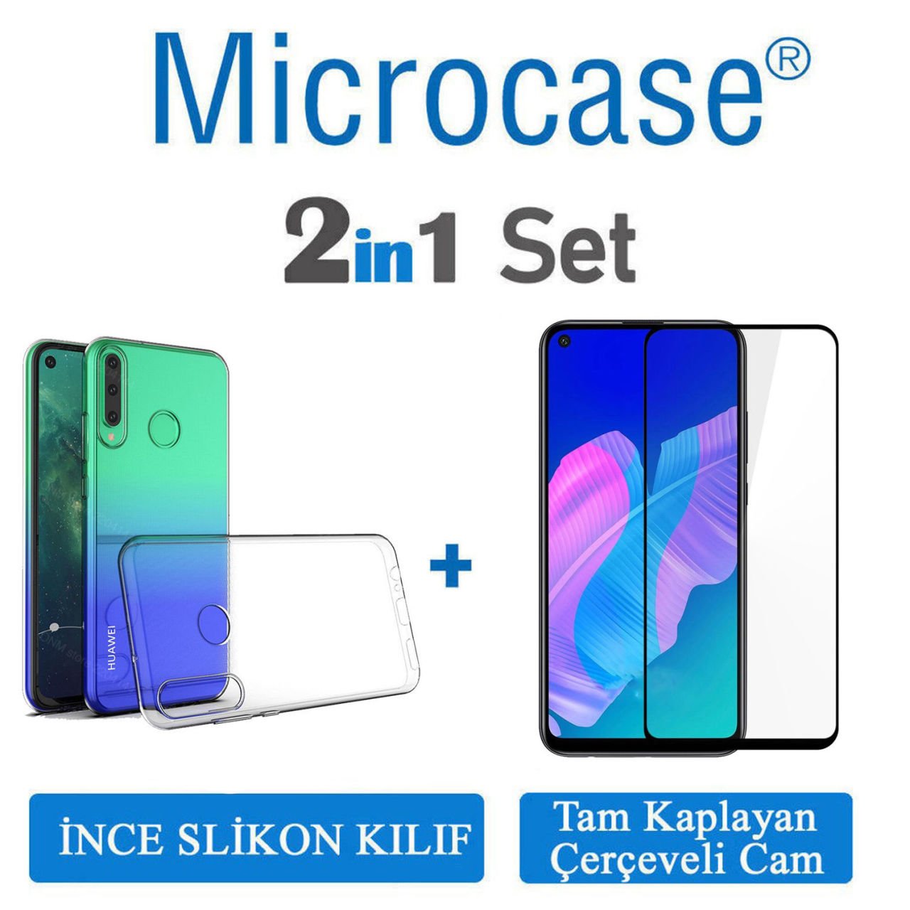 Microcase Huawei P40 Lite E / Y7P İnce 0.2 mm Soft Silikon Kılıf + Tam Kaplayan Çerçeveli Cam