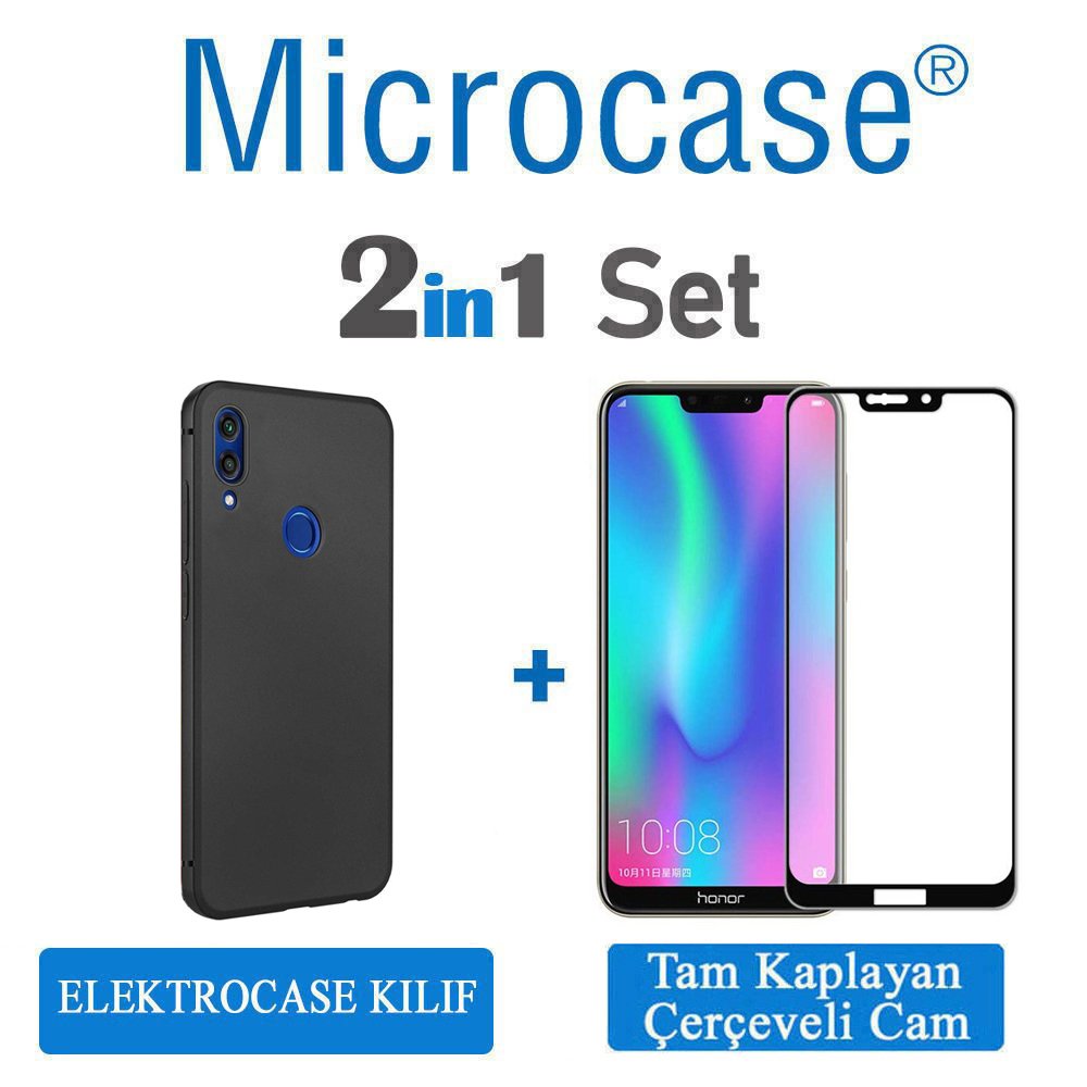 Microcase Huawei Honor 8C Elektrocase Serisi Silikon Kılıf - Siyah + Tam Kaplayan Çerçeveli Cam