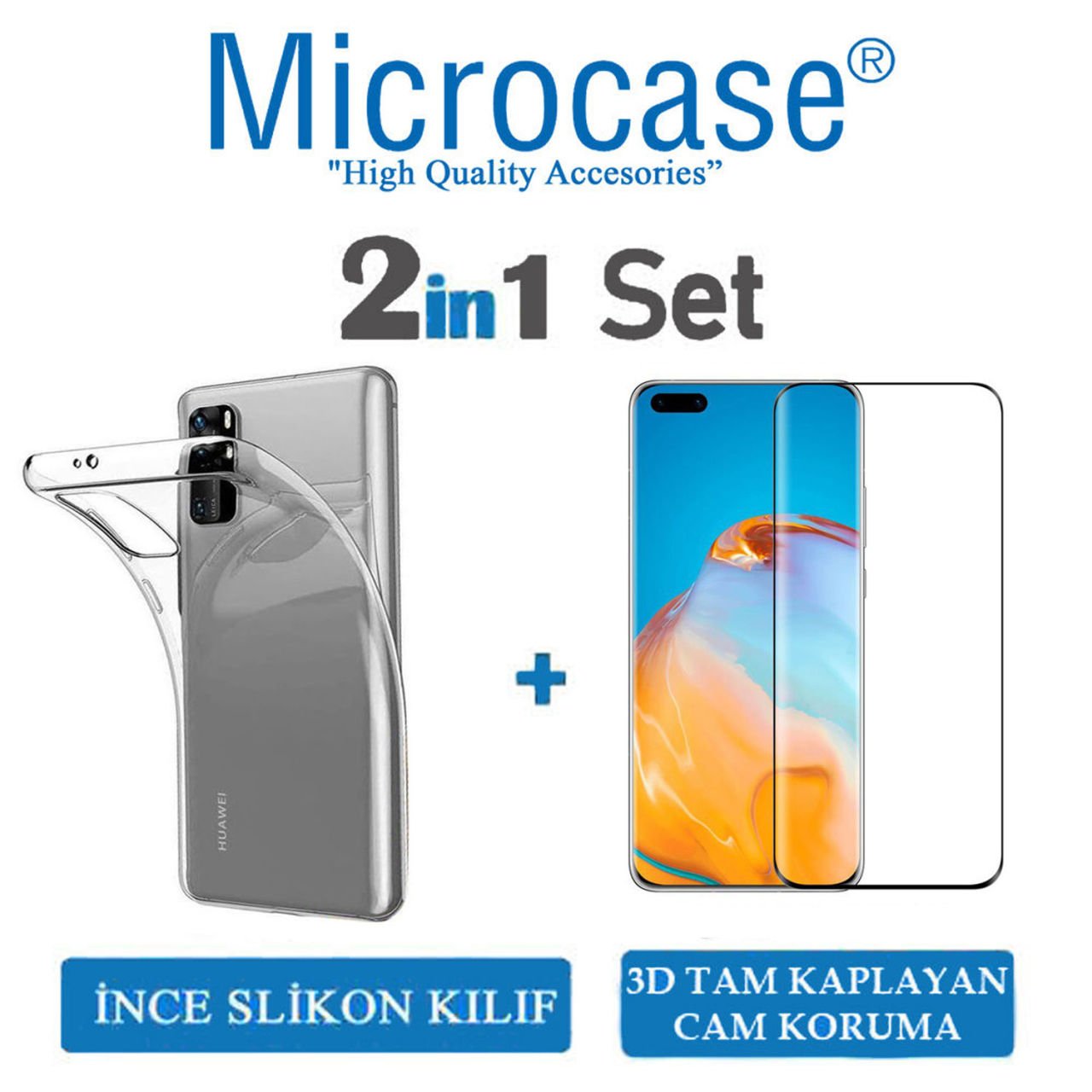 Microcase Huawei P40 Pro Ultra İnce 0.2 mm Soft Silikon Kılıf + 3D Curved Tempered Glass Ekran Koruma