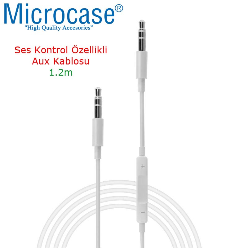 Microcase 3.5 mm Aux Audio Kablosu Ses Kontrol Özellikli 1 metre - Model No MH034 Beyaz