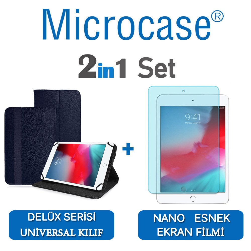 Microcase iPad Mini 5 2019 Delüx Serisi Universal Standlı Deri Kılıf - Lacivert + Nano Esnek Ekran Koruma