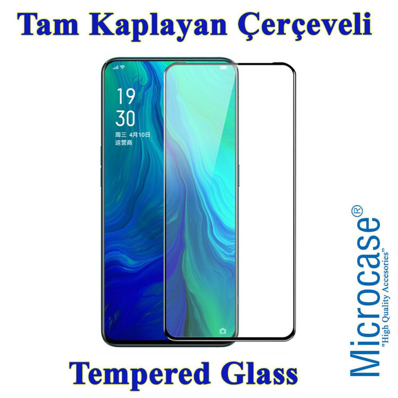 Oppo Reno Tam Kaplayan Çerçeveli Tempered Cam - Siyah