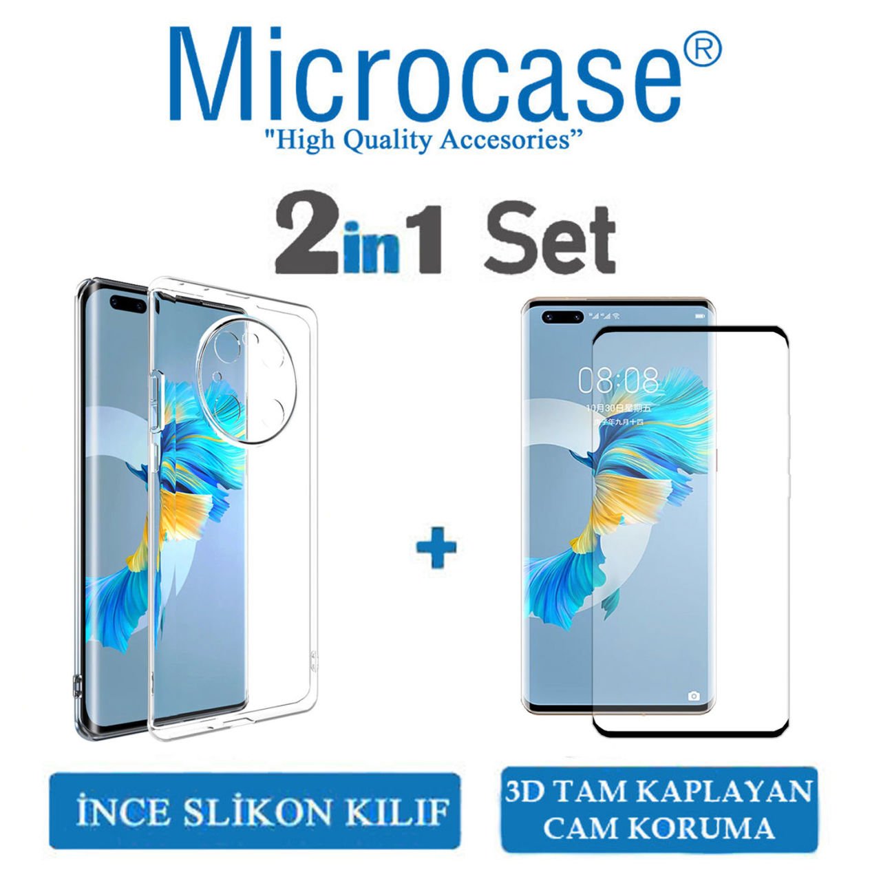 Microcase Huawei Mate 40 Ultra İnce 0.2 mm Soft Silikon Kılıf + 3D Curved Tempered Glass Ekran Koruma