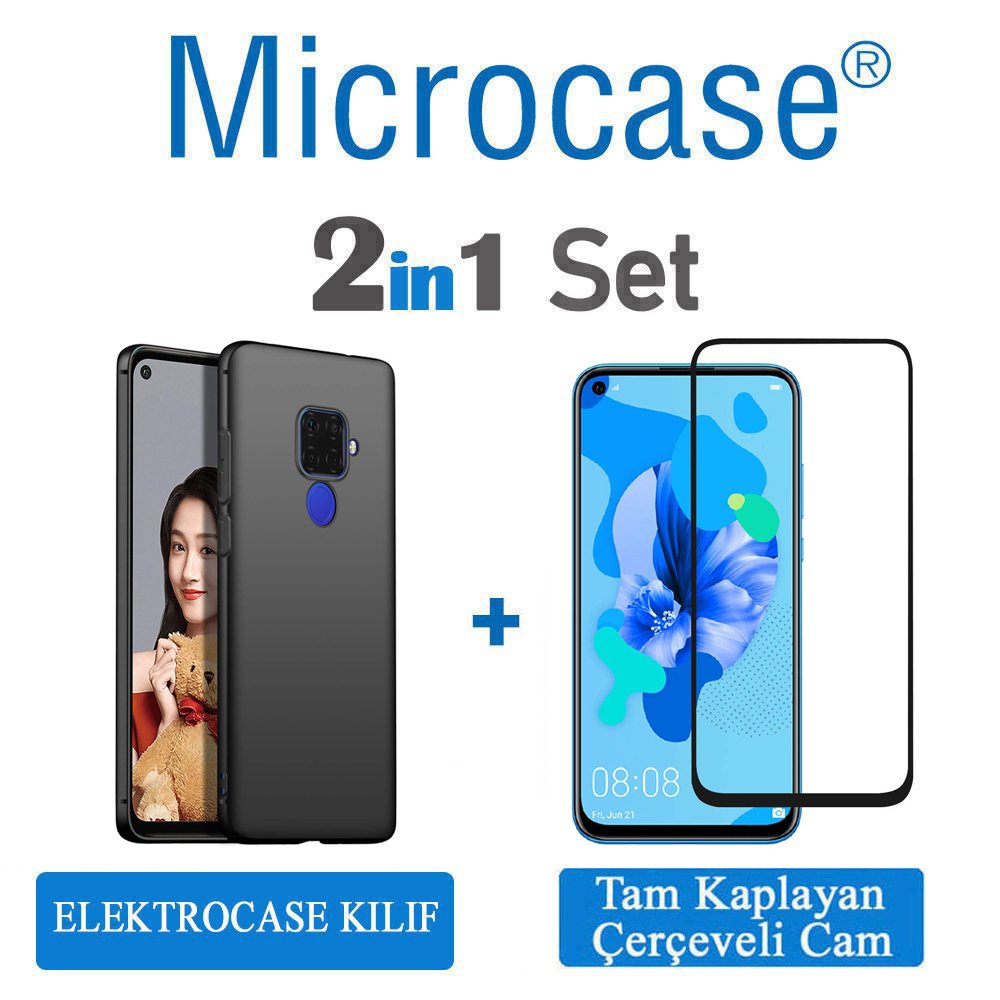 Microcase Huawei Mate 30 Lite Elektrocase Serisi Silikon Kılıf - Siyah + Tam Kaplayan Çerçeveli Cam