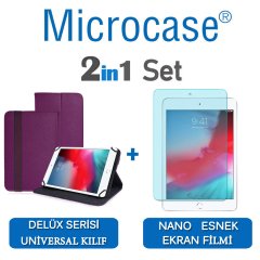 Microcase iPad Mini 5 2019 Delüx Serisi Universal Standlı Deri Kılıf - Mor + Nano Esnek Ekran Koruma