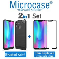 Microcase Huawei Honor 8C Brushed Carbon Fiber Silikon Kılıf - Siyah + Tam Kaplayan Çerçeveli Cam