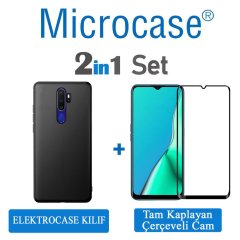 Microcase Oppo A5 2020 - A9 2020 Elektrocase Serisi Silikon Kılıf - Siyah + Tam Kaplayan Çerçeveli Cam