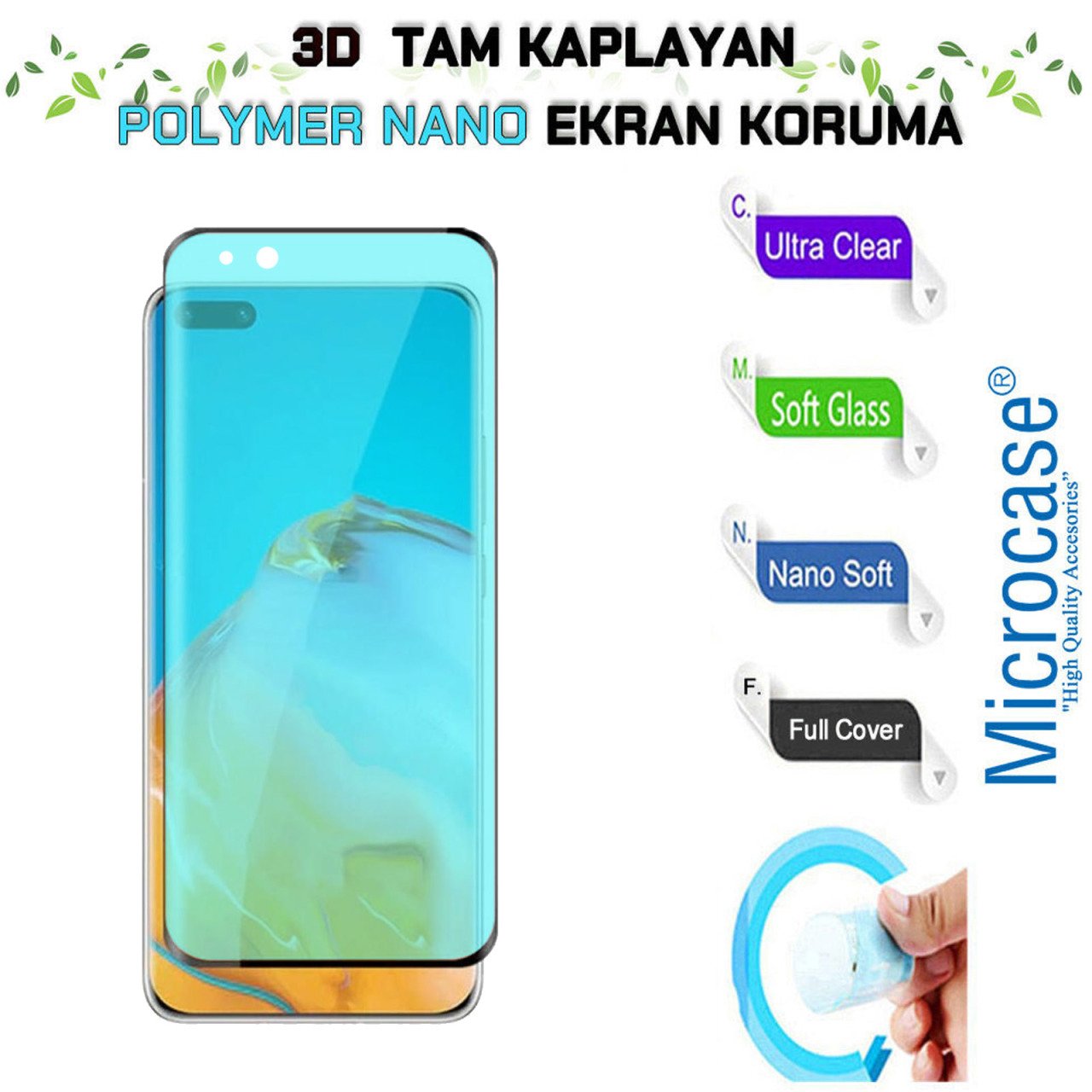 Microcase Huawei P40 Pro 3D Kavisli Tam Kaplayan Polymer Nano Ekran Koruma - Siyah