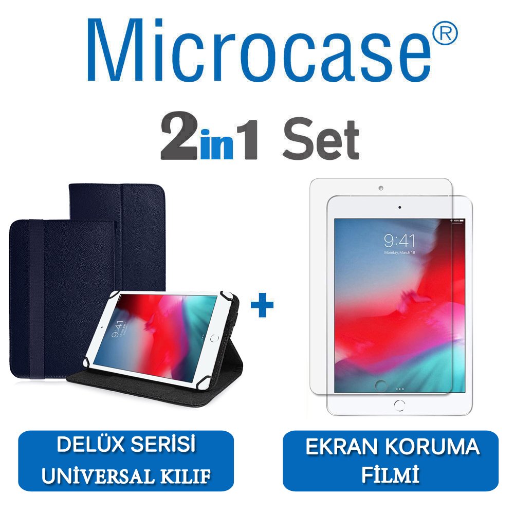 Microcase iPad Mini 5 2019 Delüx Serisi Universal Standlı Deri Kılıf - Lacivert + Ekran Koruma Filmi