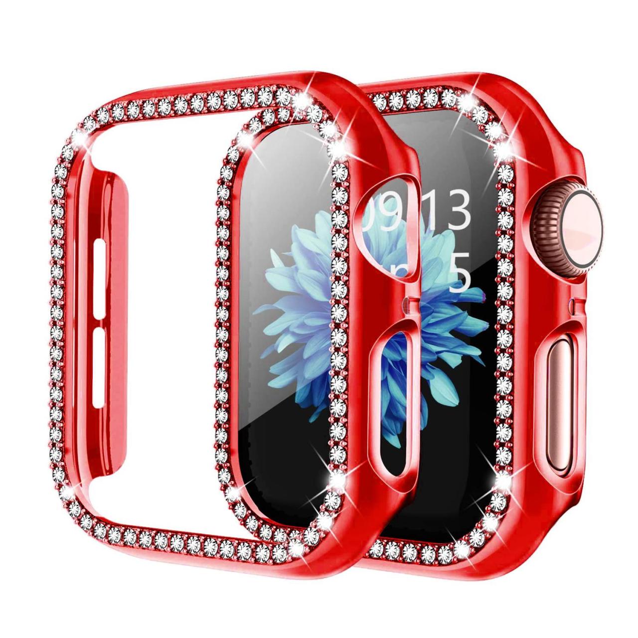Microcase Apple Watch 7 45mm Elmas Taş Sert Rubber Kılıf -Kırmızı