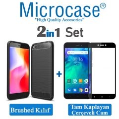 Microcase Xiaomi Redmi Go Brushed Carbon Fiber Silikon Kılıf- Siyah + Tam Kaplayan Çerçeveli Cam