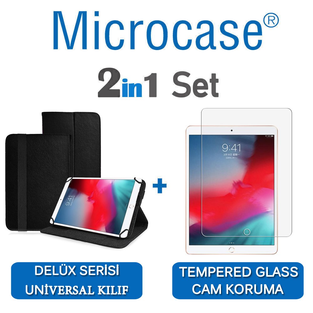 Microcase iPad Air 3.Nesil 2019 Delüx Serisi Universal Standlı Deri Kılıf - Siyah + Tempered Glass Cam Koruma