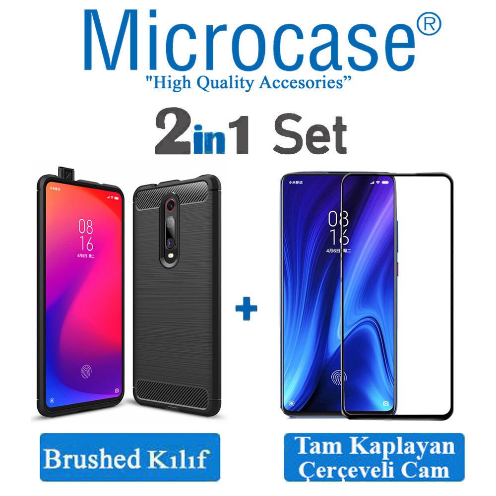 Microcase Xiaomi Redmi K20  Brushed Carbon Fiber Silikon Kılıf- Siyah + Tam Kaplayan Çerçeveli Cam